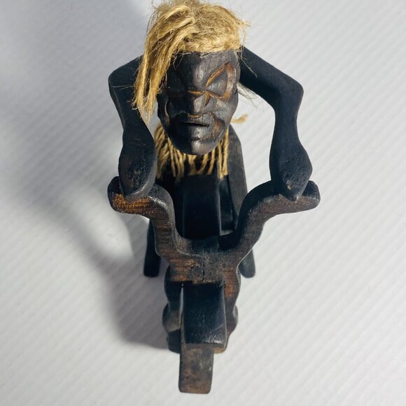 Rare Primitive Java Man on Motorcycle Wooden Carving and Jute Tribal Sculpture - Picture 14 of 17